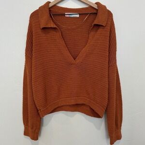 Free People Beach Carter Oversized Textured Sweater Rust Orange V-Neck S Slouchy